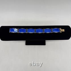 Norway Sterling Silver Royal Blue Enamel Guilloche Panel Bracelet & Pin (READ)