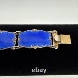 Norway Sterling Silver Royal Blue Enamel Guilloche Panel Bracelet & Pin (READ)