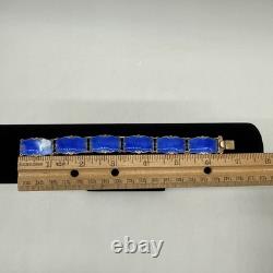 Norway Sterling Silver Royal Blue Enamel Guilloche Panel Bracelet & Pin (READ)
