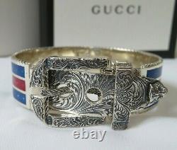 Nwt Gucci Garden Engraved S/s Buckle Feline Head Bracelet, Red/blue Enamel Sz 17