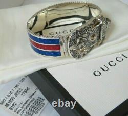 Nwt Gucci Garden Engraved S/s Buckle Feline Head Bracelet, Red/blue Enamel Sz 17