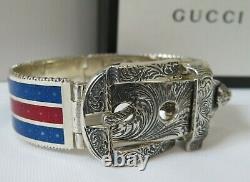 Nwt Gucci Garden Engraved S/s Buckle Feline Head Bracelet, Red/blue Enamel Sz 17