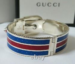 Nwt Gucci Garden Engraved S/s Buckle Feline Head Bracelet, Red/blue Enamel Sz 17