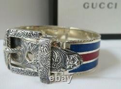 Nwt Gucci Garden Engraved S/s Buckle Feline Head Bracelet, Red/blue Enamel Sz 17