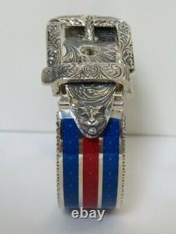 Nwt Gucci Garden Engraved S/s Buckle Feline Head Bracelet, Red/blue Enamel Sz 17