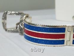 Nwt Gucci Garden Engraved S/s Buckle Feline Head Bracelet, Red/blue Enamel Sz 17