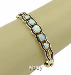 Opal 14k Yellow Gold Blue Enamel Hinged Bracelet