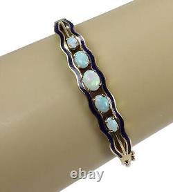 Opal 14k Yellow Gold Blue Enamel Hinged Bracelet