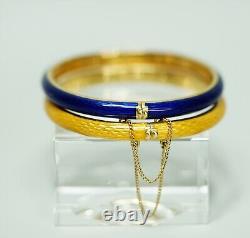 Pair 18K 750 Gold Guilloche Enamel Bracelet Hinged Cuff Bangles Yellow Blue Box