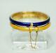 Pair 18k 750 Gold Guilloche Enamel Bracelet Hinged Cuff Bangles Yellow Blue Box