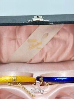 Pair 18K 750 Gold Guilloche Enamel Bracelet Hinged Cuff Bangles Yellow Blue Box