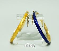 Pair 18K 750 Gold Guilloche Enamel Bracelet Hinged Cuff Bangles Yellow Blue Box