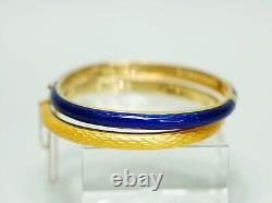 Pair 18K 750 Gold Guilloche Enamel Bracelet Hinged Cuff Bangles Yellow Blue Box