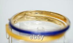 Pair 18K 750 Gold Guilloche Enamel Bracelet Hinged Cuff Bangles Yellow Blue Box