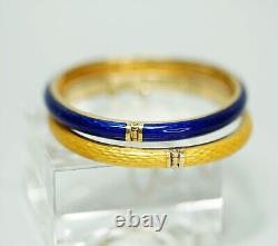 Pair 18K 750 Gold Guilloche Enamel Bracelet Hinged Cuff Bangles Yellow Blue Box