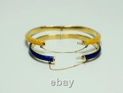 Pair 18K 750 Gold Guilloche Enamel Bracelet Hinged Cuff Bangles Yellow Blue Box