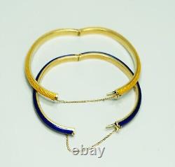 Pair 18K 750 Gold Guilloche Enamel Bracelet Hinged Cuff Bangles Yellow Blue Box