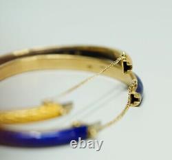 Pair 18K 750 Gold Guilloche Enamel Bracelet Hinged Cuff Bangles Yellow Blue Box