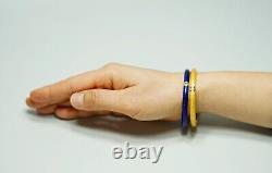 Pair 18K 750 Gold Guilloche Enamel Bracelet Hinged Cuff Bangles Yellow Blue Box