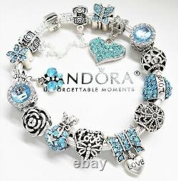 Pandora Silver Bracelet With Crystal Heart & Blue Love European Charms