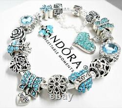 Pandora Silver Bracelet With Crystal Heart & Blue Love European Charms