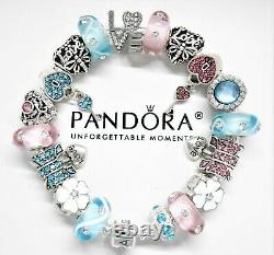 Pandora Silver Bracelet With Pink & Blue Love Heart European Charms
