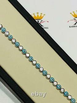 Platinum Sterling Silver White Sapphire Blue Enamel Evil Eye Tennis Bracelet 6.5