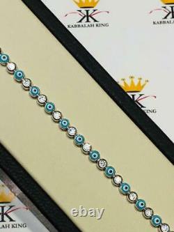 Platinum Sterling Silver White Sapphire Blue Enamel Evil Eye Tennis Bracelet 6.5