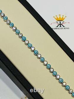 Platinum Sterling Silver White Sapphire Blue Enamel Evil Eye Tennis Bracelet 7.5