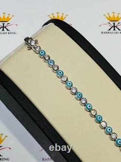 Platinum Sterling Silver White Sapphire Blue Enamel Evil Eye Tennis Bracelet 7.5