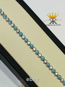 Platinum Sterling Silver White Sapphire Blue Enamel Evil Eye Tennis Bracelet 7L