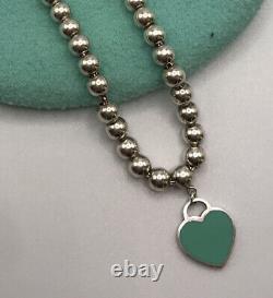 Please Return Tiffany & Co Blue Enamel Heart Charm 3mm Ball Bead Bracelet 7
