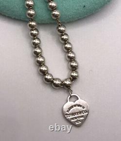 Please Return Tiffany & Co Blue Enamel Heart Charm 3mm Ball Bead Bracelet 7