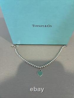Please Return Tiffany & Co Blue Enamel Heart Charm Mini Ball Beaded Bracelet 7