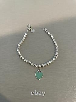 Please Return Tiffany & Co Blue Enamel Heart Charm Mini Ball Beaded Bracelet 7
