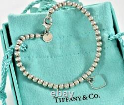 Please Return Tiffany & Co Silver Blue Enamel Heart Charm Bracelet 6.75 & Pouch