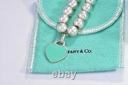 Please Return To Tiffany & Co Silver Blue Enamel Heart 10mm Bead Bracelet Rare