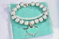 Please Return To Tiffany & Co Silver Blue Enamel Heart 10mm Bead Bracelet Rare