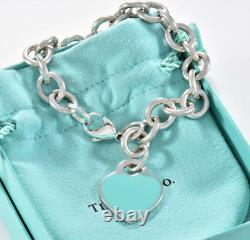 Please Return To Tiffany & Co Silver Blue Enamel Heart Chain Link 7.5 Bracelet