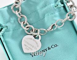 Please Return To Tiffany & Co Silver Blue Enamel Heart Chain Link 7.5 Bracelet