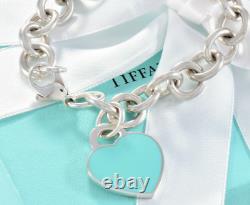 Please Return To Tiffany & Co Silver Blue Enamel Heart Chain Link 7.5 Bracelet