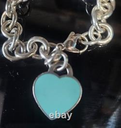 Please Return To Tiffany & Co Silver Blue Enamel Heart Chain Link 7.7 Bracelet