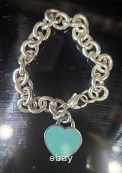 Please Return To Tiffany & Co Silver Blue Enamel Heart Chain Link 7.7 Bracelet