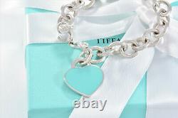 Please Return To Tiffany & Co Silver Blue Enamel Heart Chain Link 7.7 Bracelet