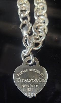 Please Return To Tiffany & Co Silver Blue Enamel Heart Chain Link 7.7 Bracelet