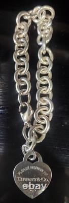 Please Return To Tiffany & Co Silver Blue Enamel Heart Chain Link 7.7 Bracelet