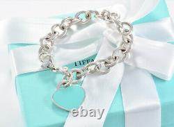Please Return To Tiffany & Co Silver Blue Enamel Heart Chain Link 7.7 Bracelet