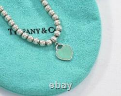 Please Return To Tiffany & Co Silver Blue Enamel Heart Charm 7 Bead Bracelet