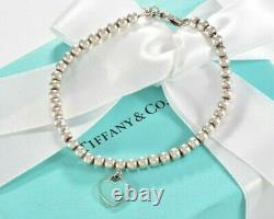 Please Return To Tiffany & Co Silver Blue Enamel Heart Charm Bead Bracelet 6.75