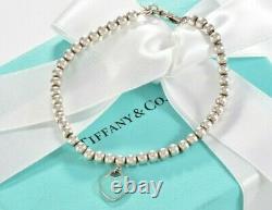 Please Return To Tiffany & Co Silver Blue Enamel Heart Charm Bead Bracelet 6.75